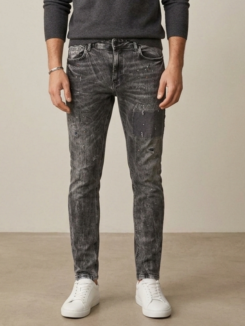 Zara Men Skinny Black Washed Jeans with Distressed Details Size 34